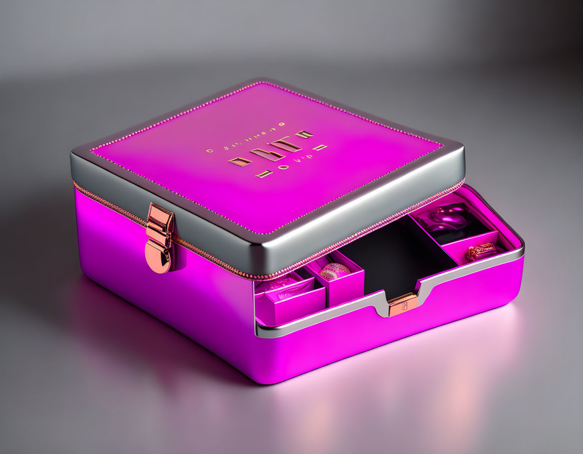 Pink Metallic Jewelry Box with Open Drawer and Jewelry Compartments