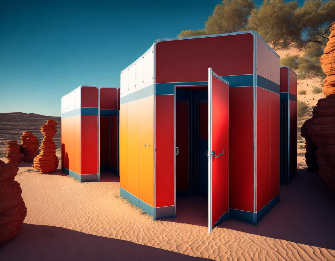 Vibrant portable restrooms in desert with red sand and rock formations