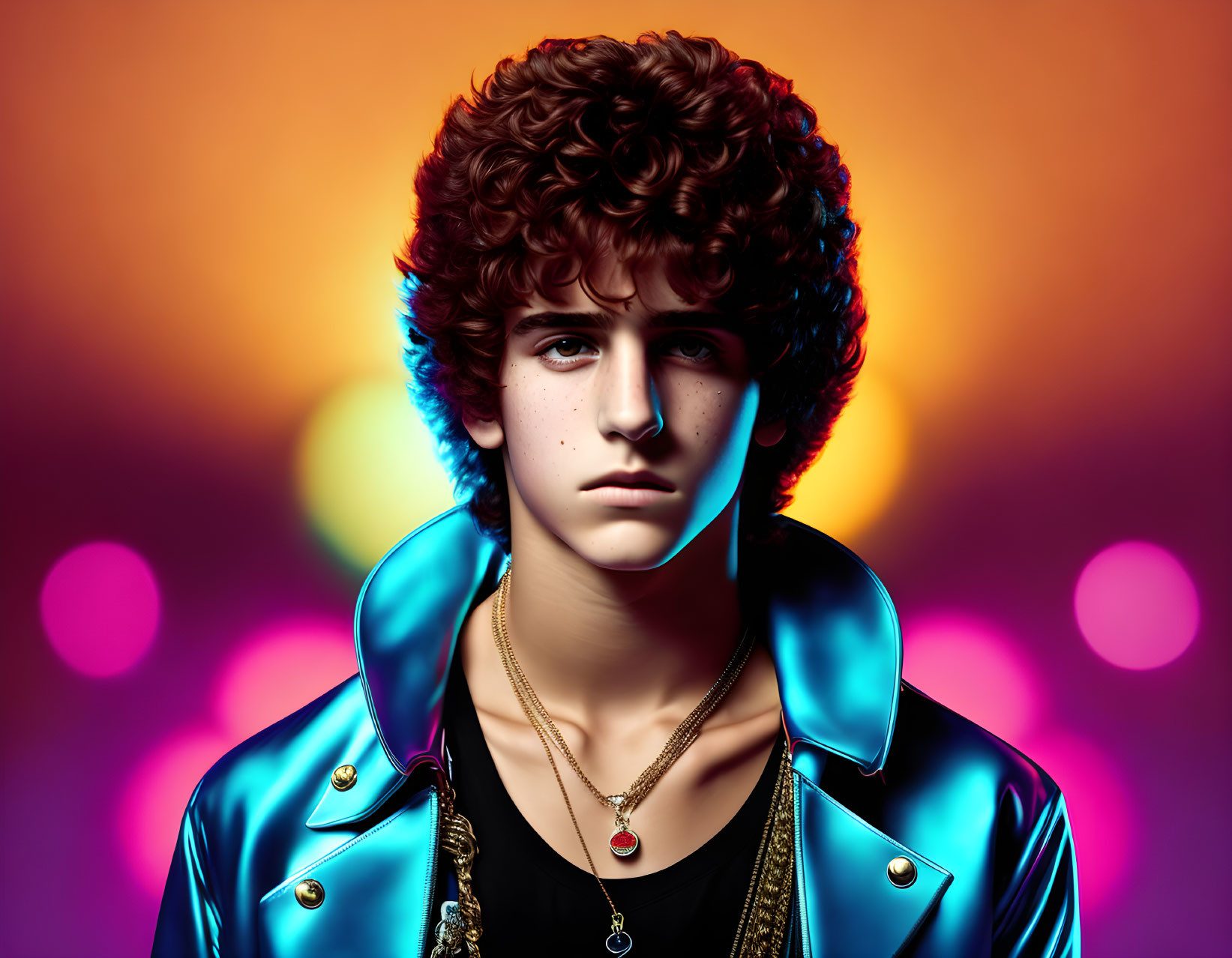 Colorful portrait of young person with curly hair in shiny blue jacket