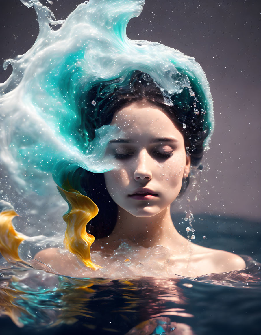 Woman with flowing hair underwater in serene blue tones