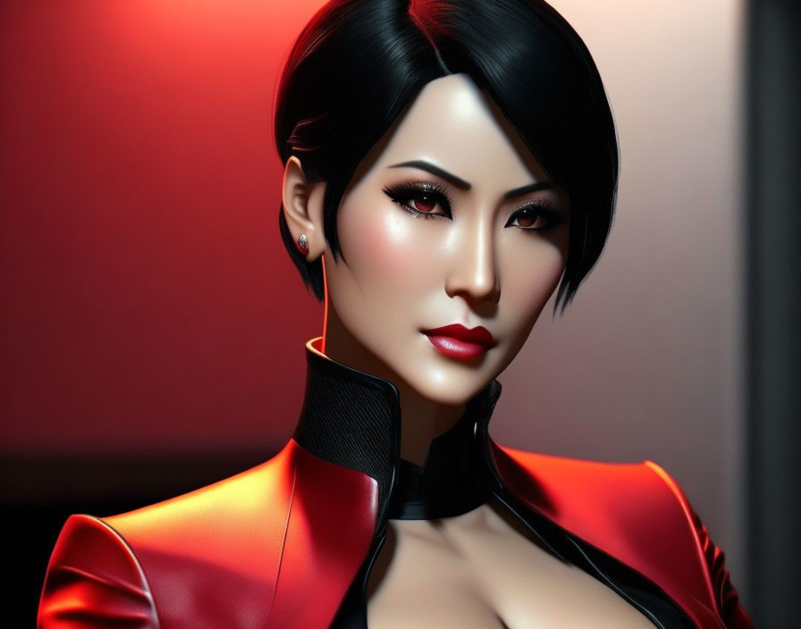 Digital rendering of woman with black hair, red lipstick, high-collared outfit on red background