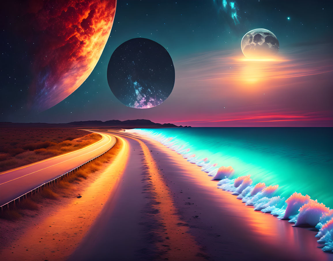 Surreal coastal road with glowing waves, oversized planets, and sunset moon