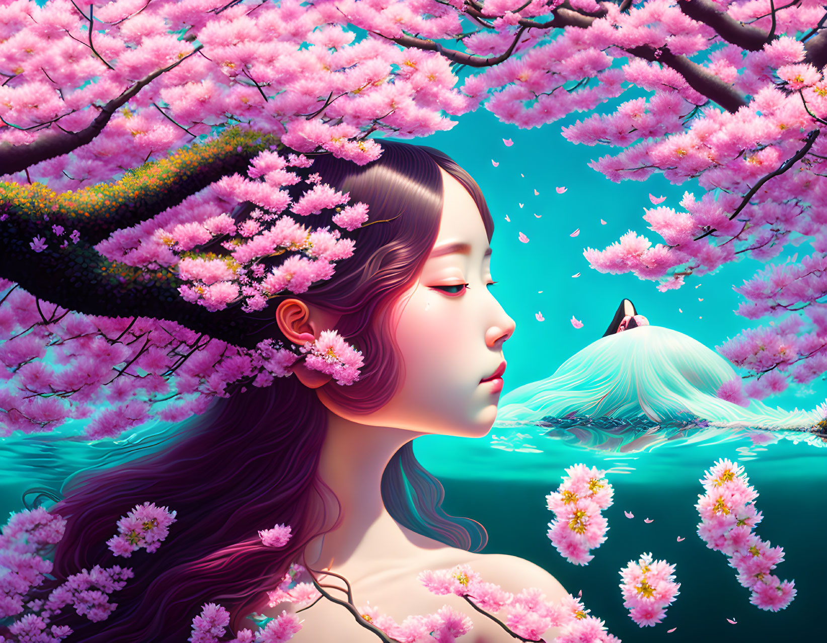 Woman with Cherry Blossoms Reflecting in Tranquil Water