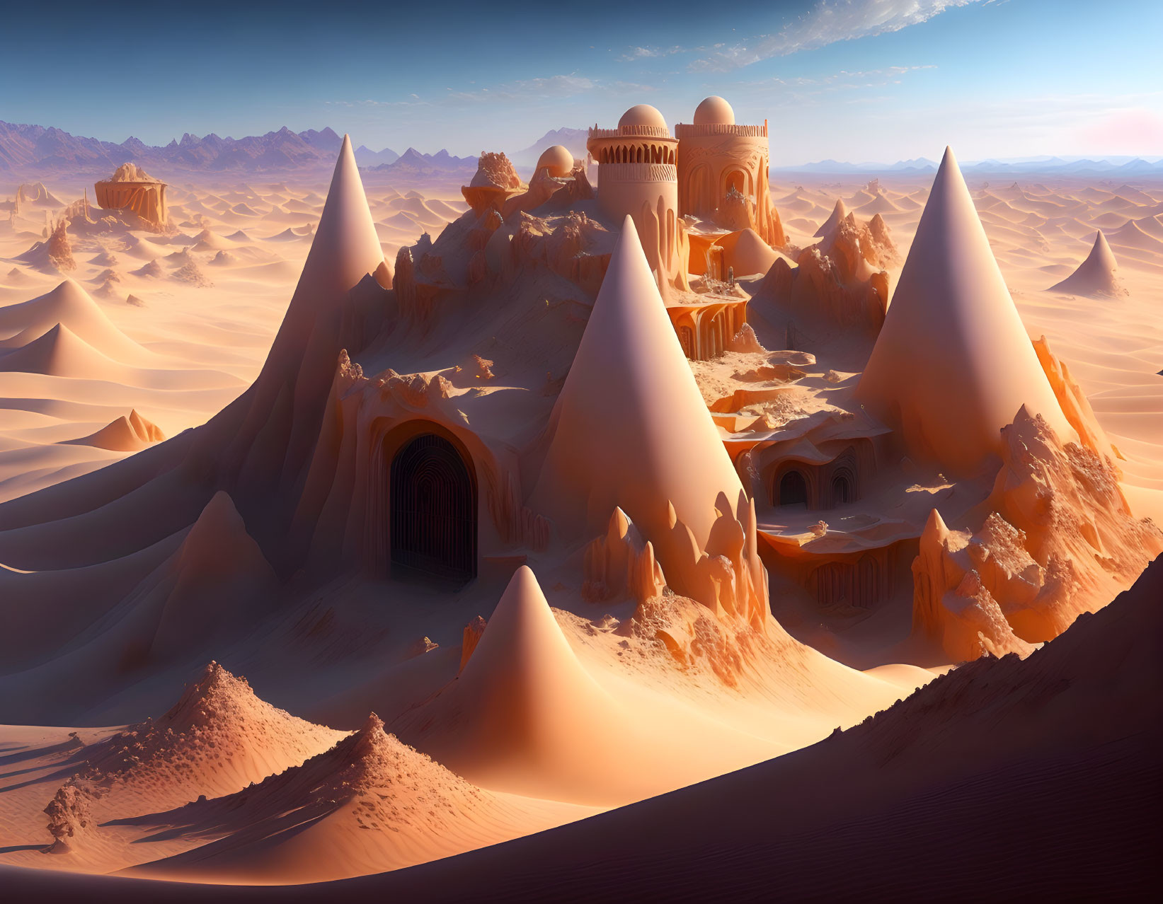 Desert landscape with conical structures and palace under clear sky