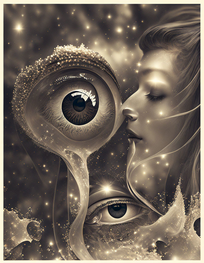 Surreal digital artwork: Woman's face, oversized eye, cosmic elements, stars.