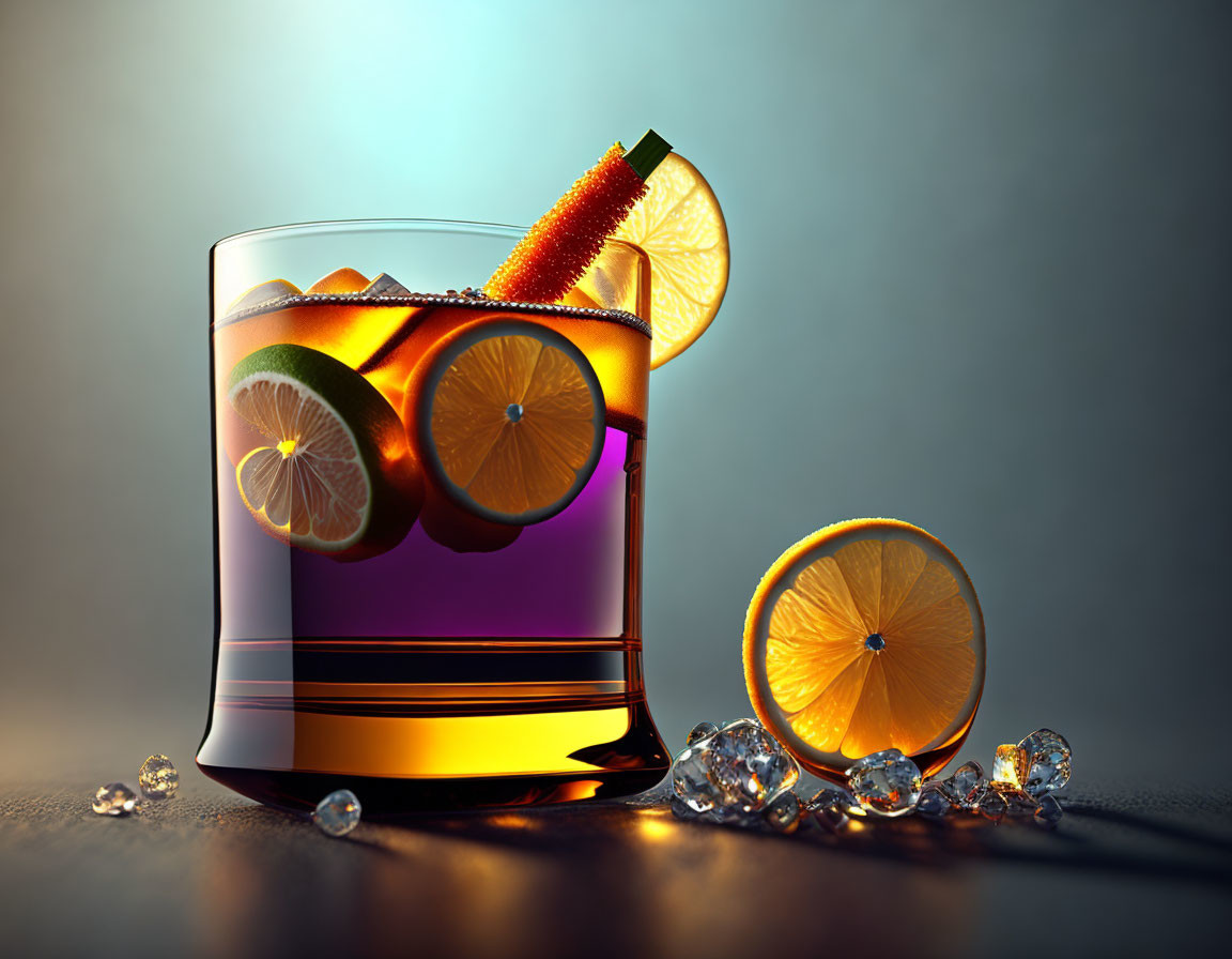 Whiskey cocktail with cinnamon, orange, lime, ice, and orange segments