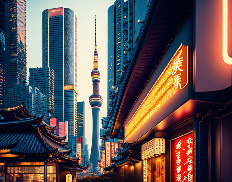 Traditional Buildings and Modern Skyscrapers in Evening Cityscape