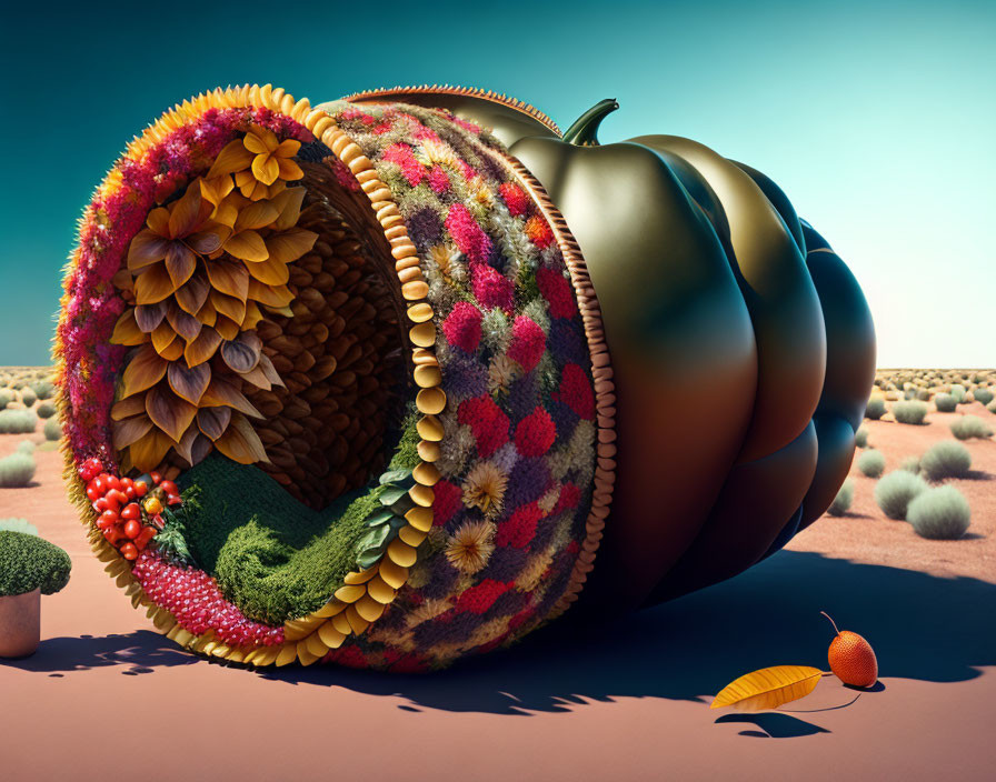 Surreal pumpkin-shaped object with open zipper revealing colorful plants in desert setting