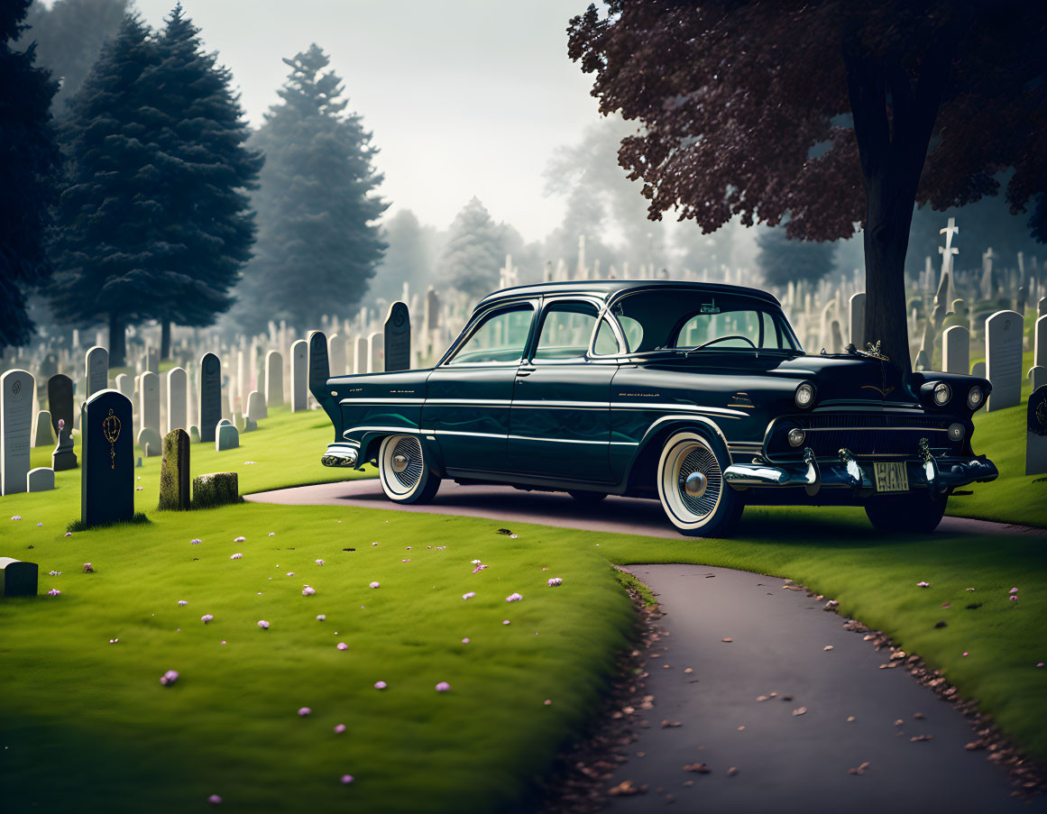 Vintage car in misty cemetery with pink flowers and headstones