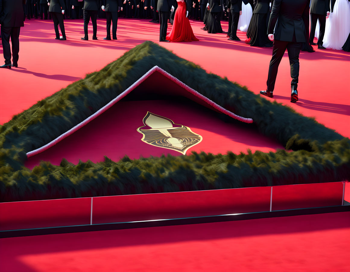 Formal Attire Red Carpet Event with Greenery Walkway and Striking Emblem