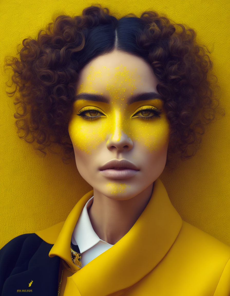 Vibrant woman portrait with curly hair and yellow makeup on matching background