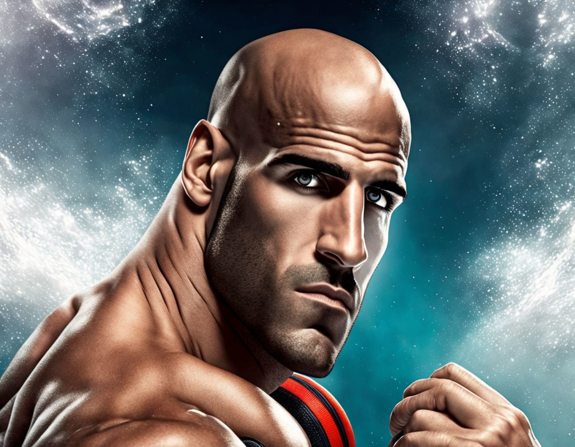 Bald Muscular Man in Tank Top Poses Against Cosmic Background