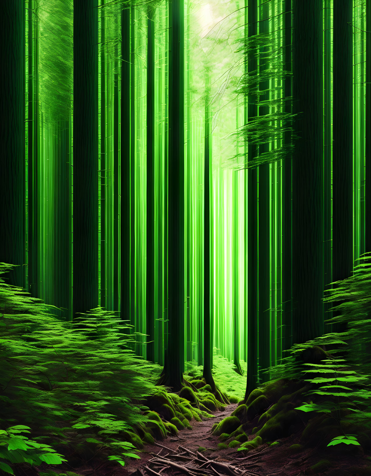 Mystical green forest with towering trees and ethereal light.