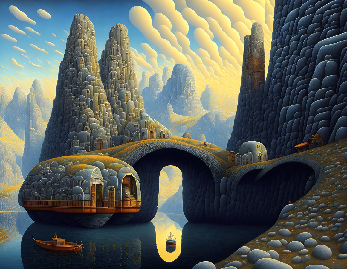 Fantastical landscape with rocky spires, stone bridge, buildings, boats, and unique clouds