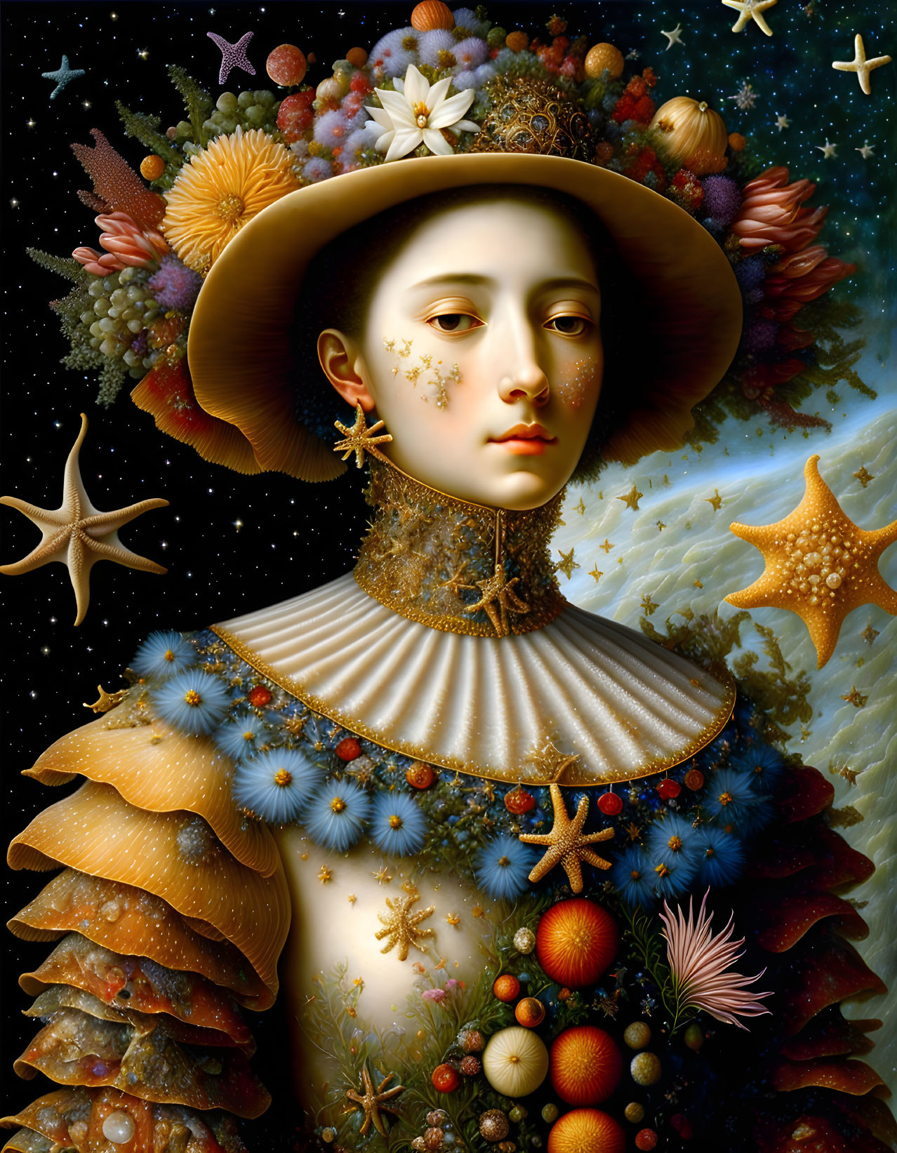 Stylized portrait with celestial and marine themes, starfish, flowers, and fruit attire on star