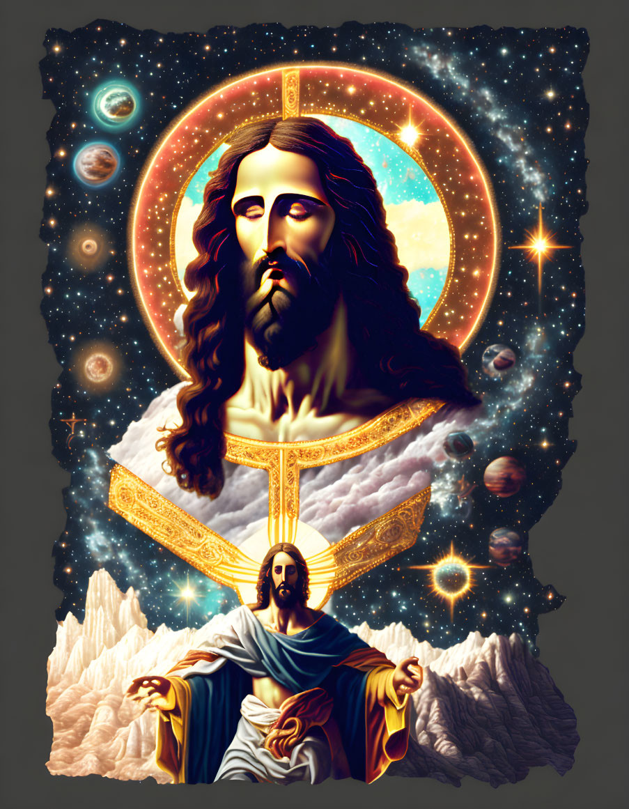 Cosmic digital artwork of figure in robes with long hair and beard