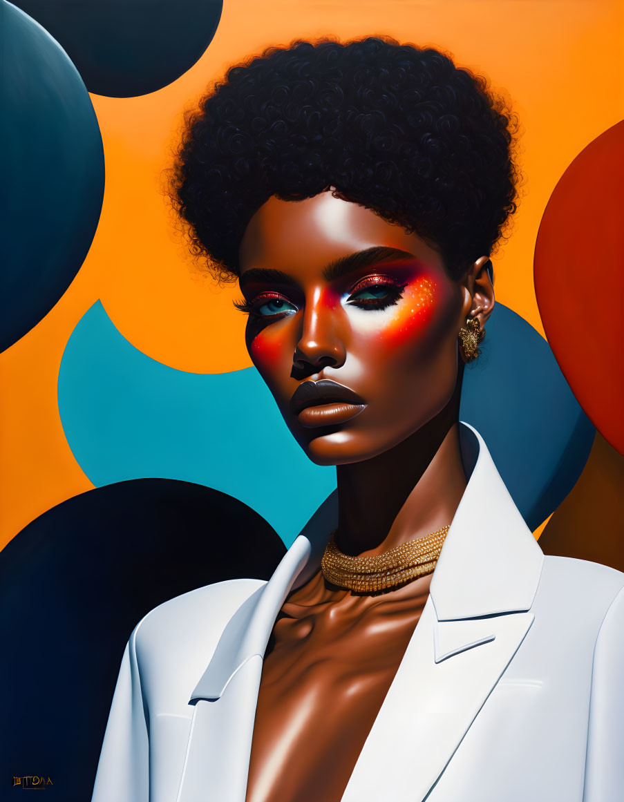 Stylized digital artwork of woman with bold afro and red eyeshadow