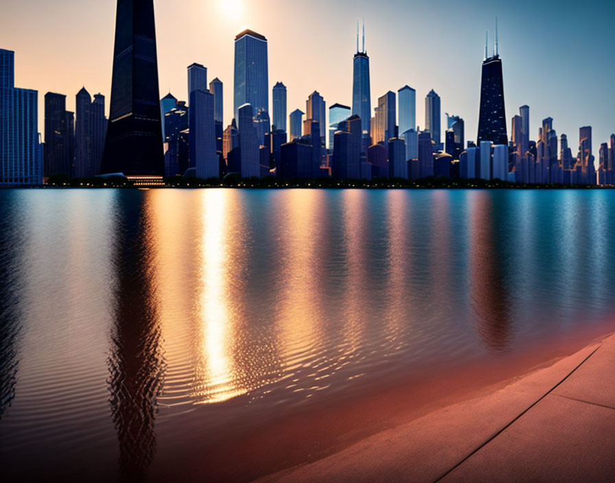 City skyline at sunset with skyscrapers' reflections on water.