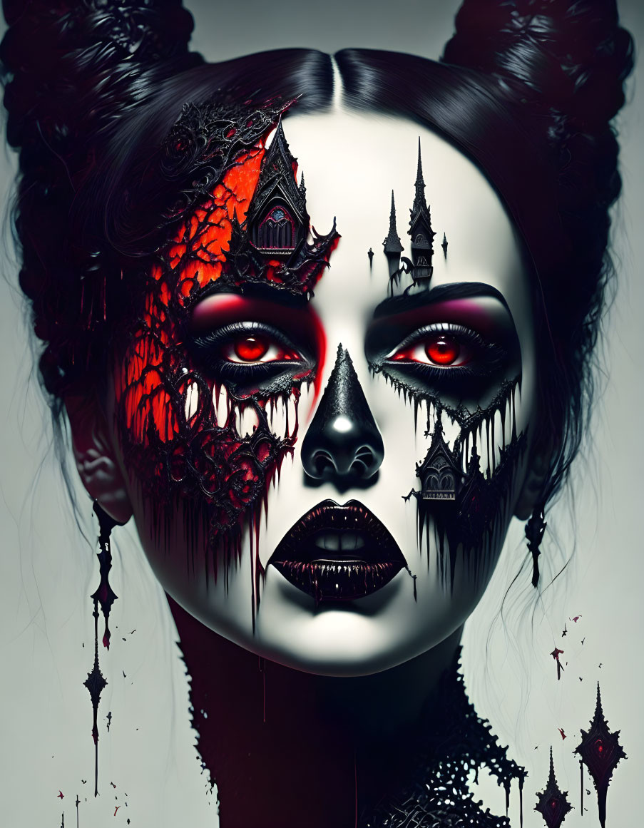 Gothic fantasy portrait of a woman with dark makeup and skeletal half-face.