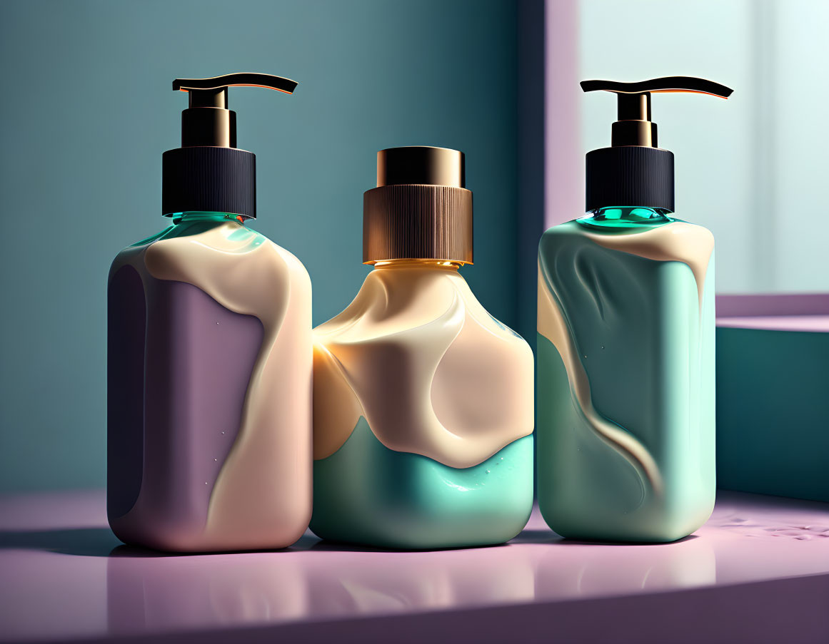 Three elegant wavy-designed pump bottles in cream, gold, and green hues