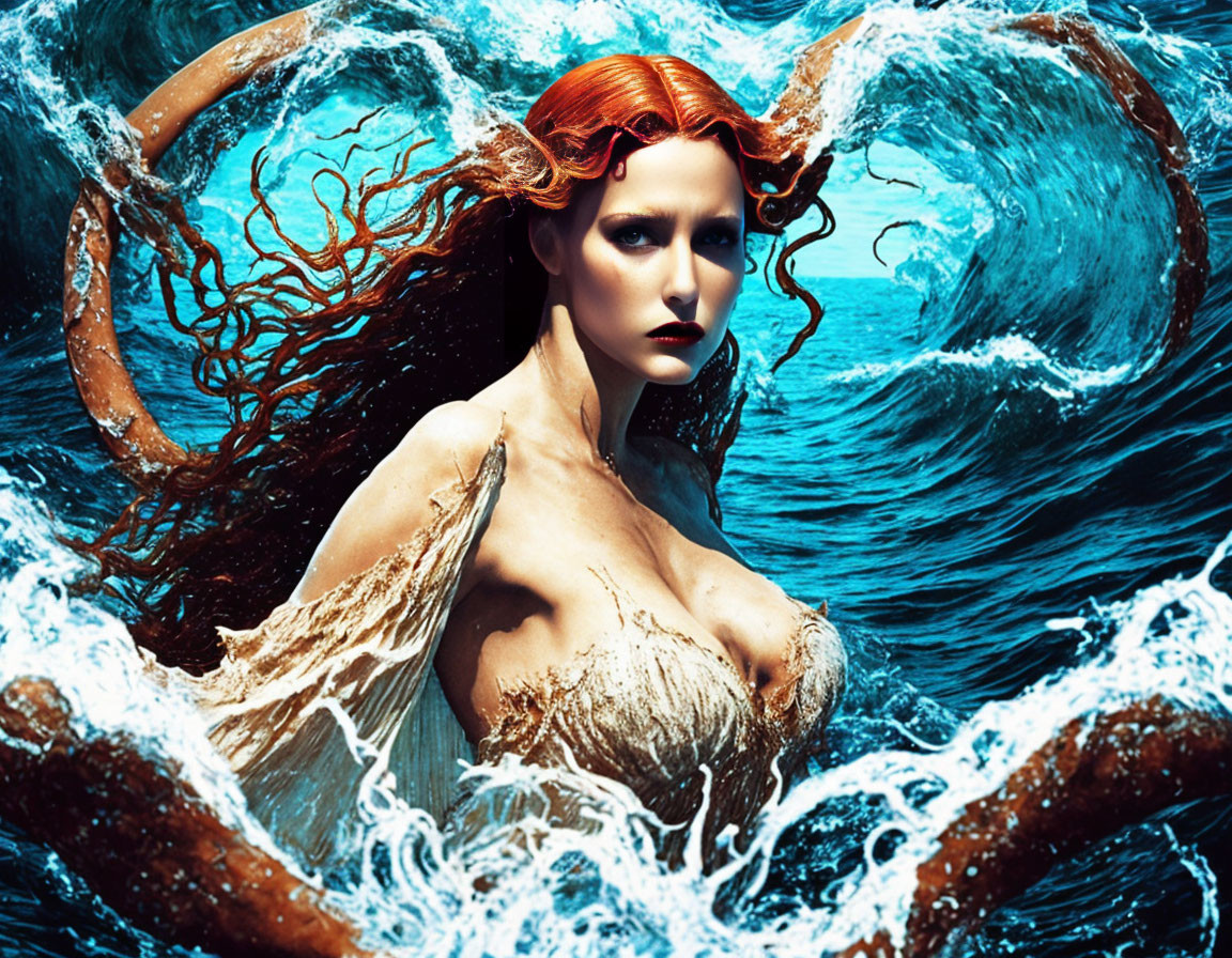 Surreal portrait of woman with red hair in sea creature theme