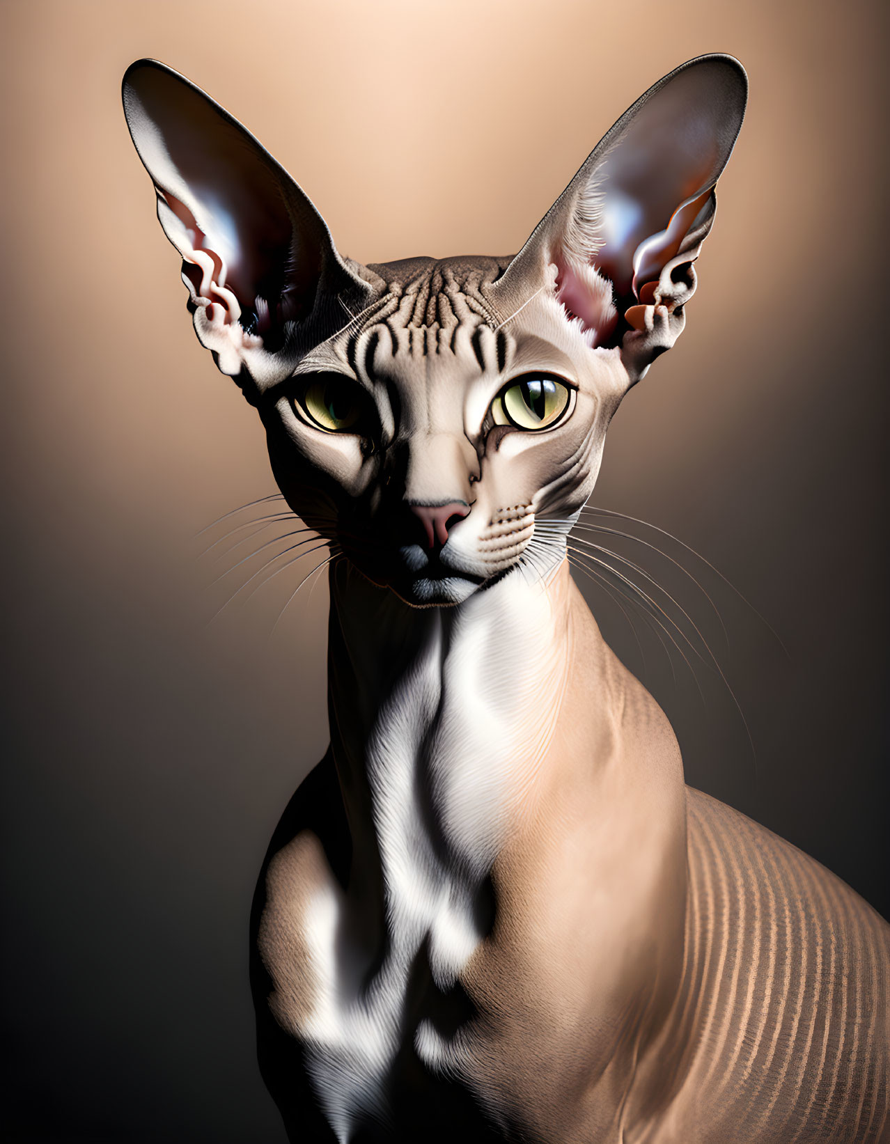 Hairless Sphynx Cat with Large Ears and Prominent Eyes on Brown Gradient Background