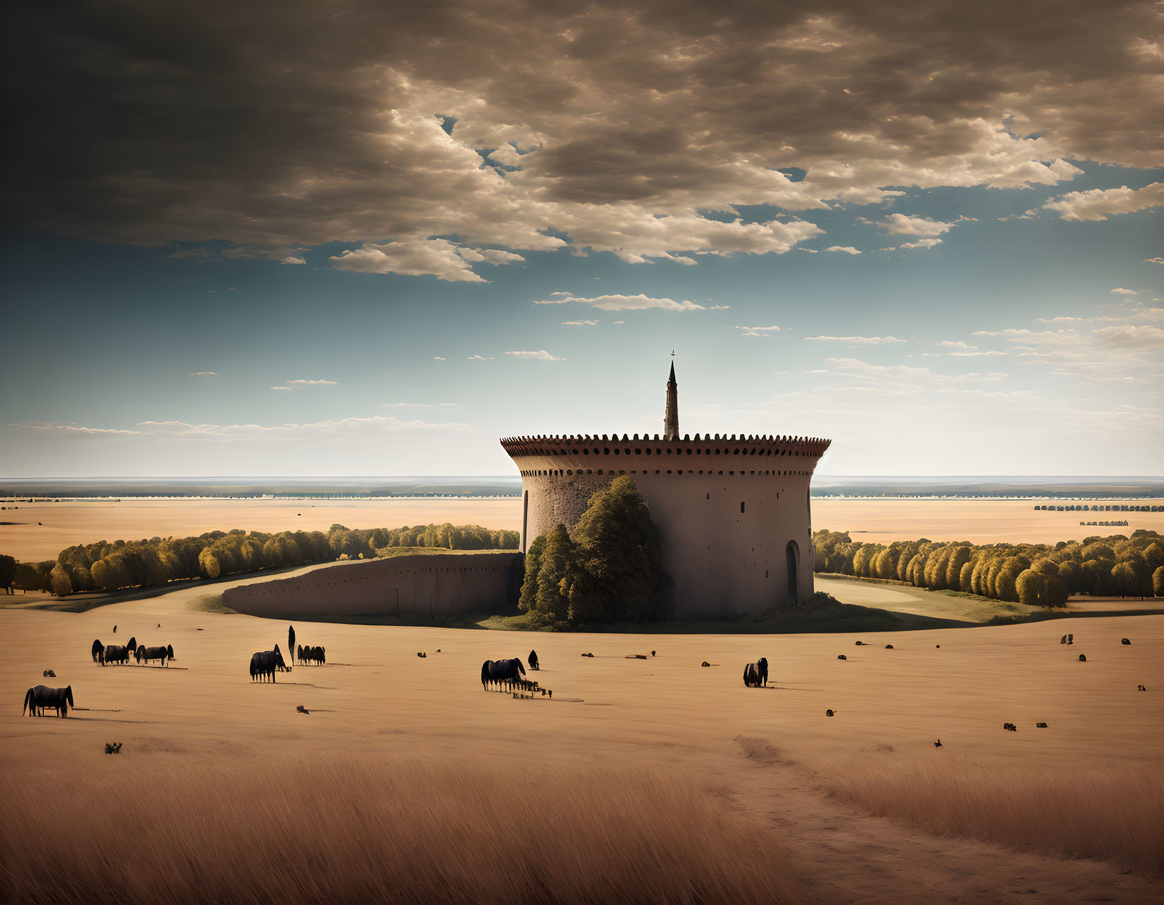 Medieval castle on vast plain with grazing cattle under dramatic sky