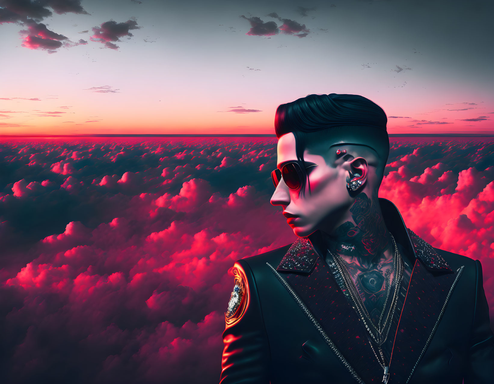 Man with tattoos and sunglasses against red-pink sky at sunset or sunrise