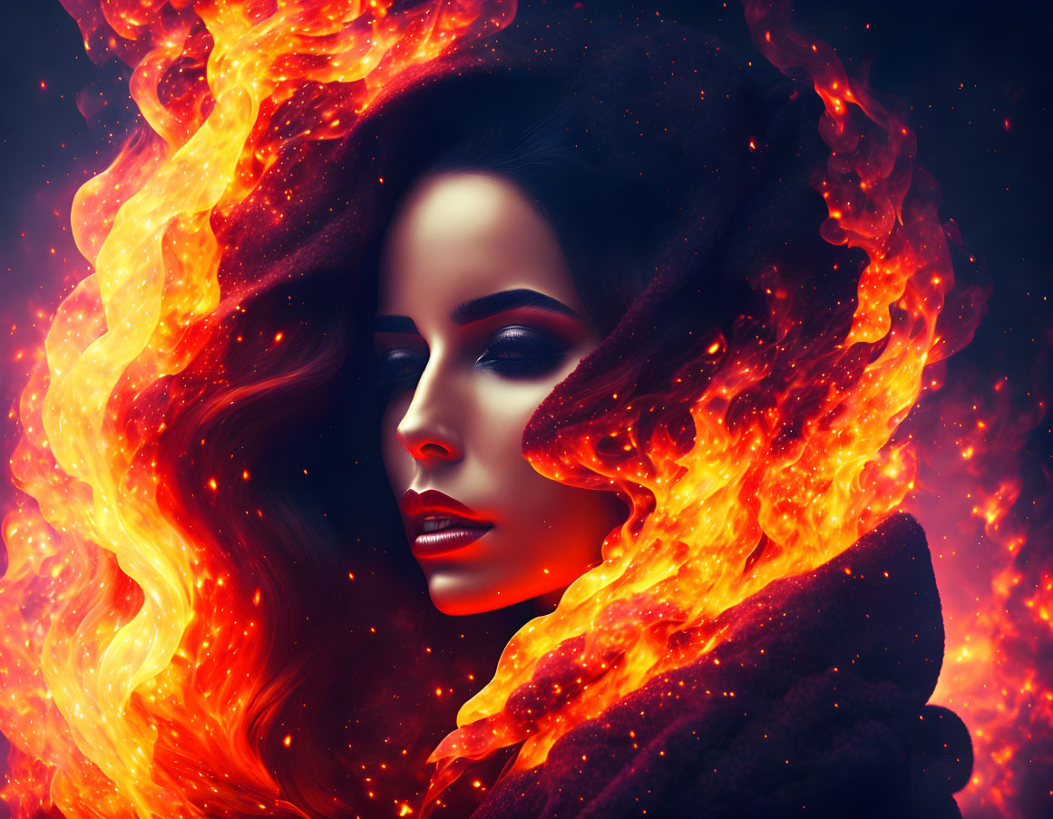 Woman's Profile with Flame Hair and Cloak on Ember-lit Background