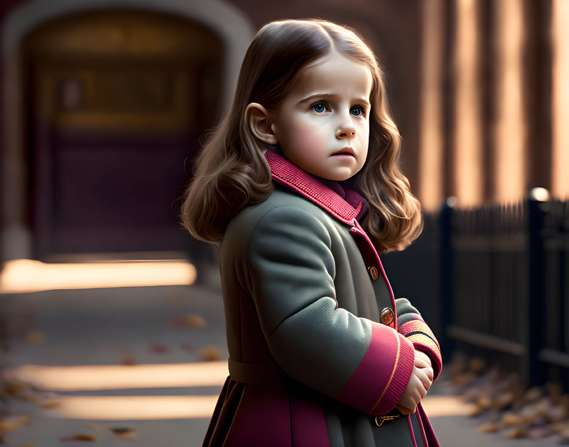 Young girl in green coat with red trim among autumn leaves