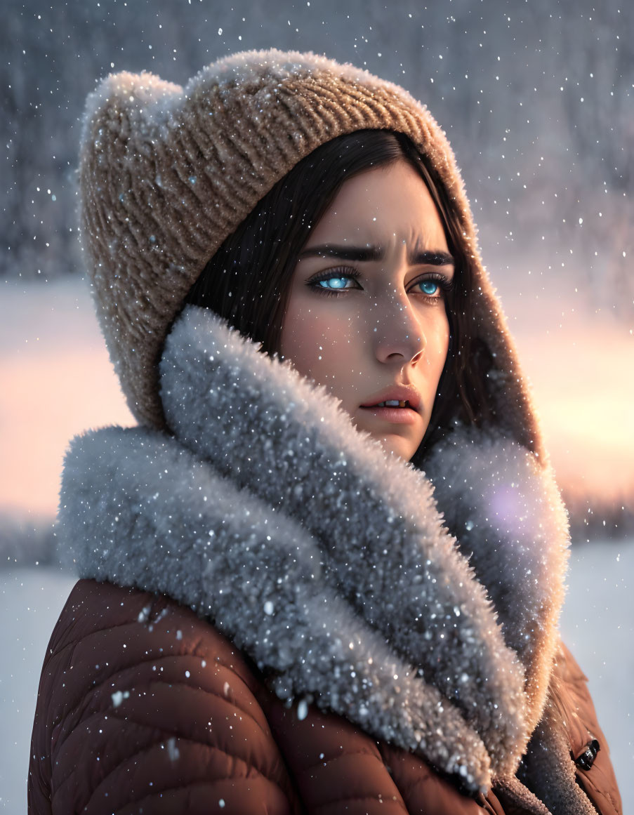 Blue-eyed woman in brown beanie and fur collar coat gazes thoughtfully in snowfall.