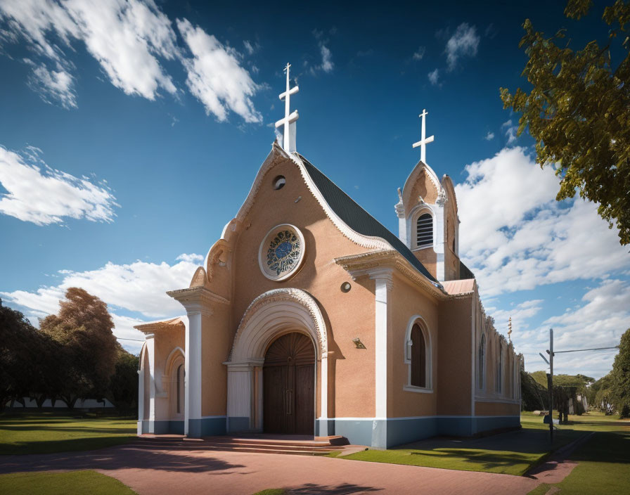 Quaint church with twin white crosses, arched entrance, circular window, blue sky.