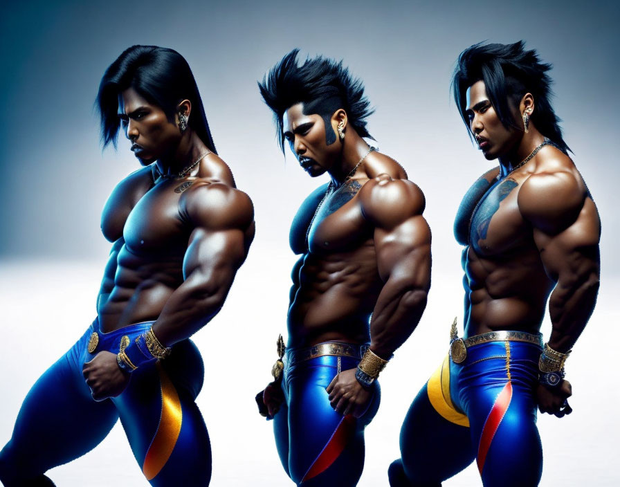 Three stylized muscular characters in blue costumes with red and gold accents striking poses on light background