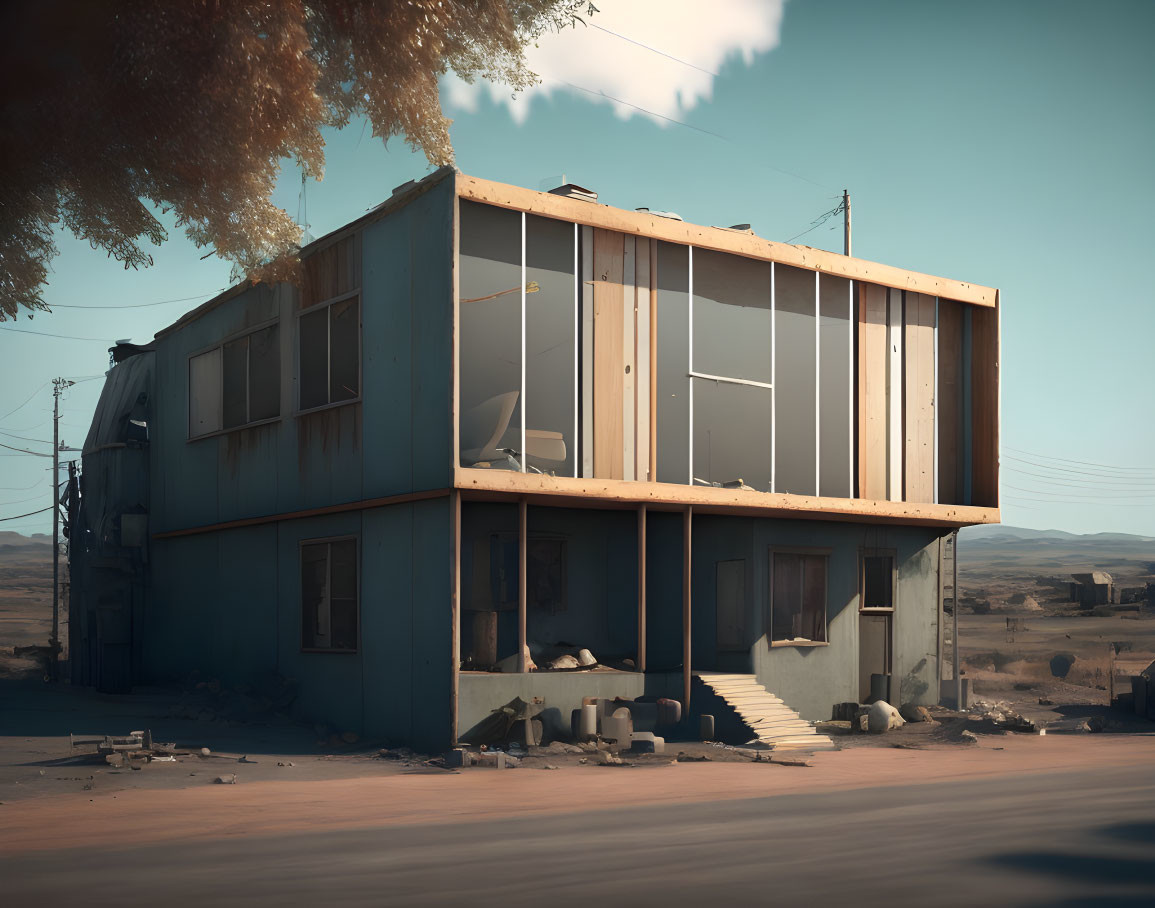 Two-story building with large windows and tree in barren landscape