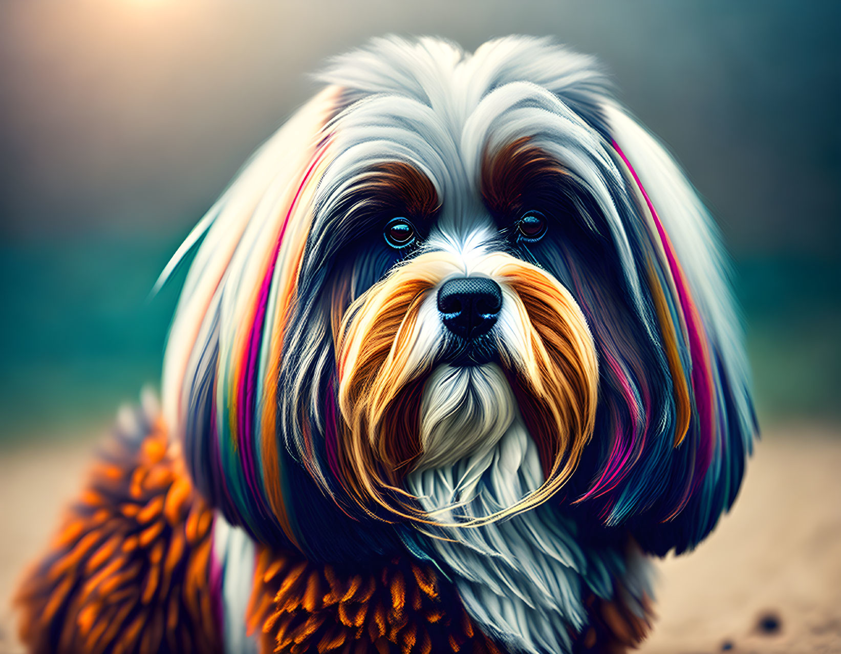 Vibrant dog portrait with flowing colorful hair on blurred backdrop