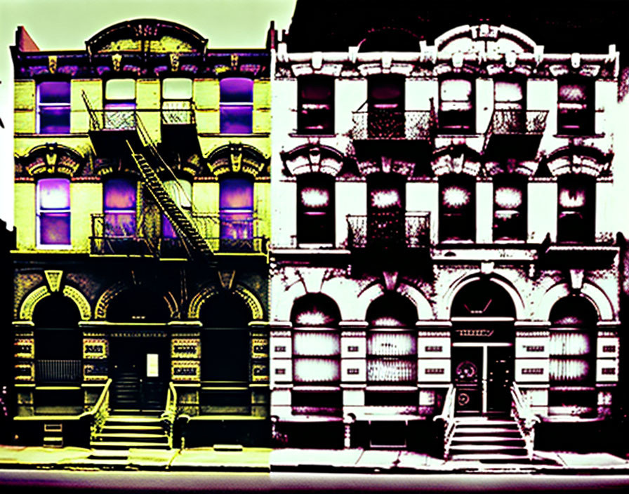 Victorian-style buildings with high-contrast color inversion filter, showcasing stairs, windows, and decorative fac