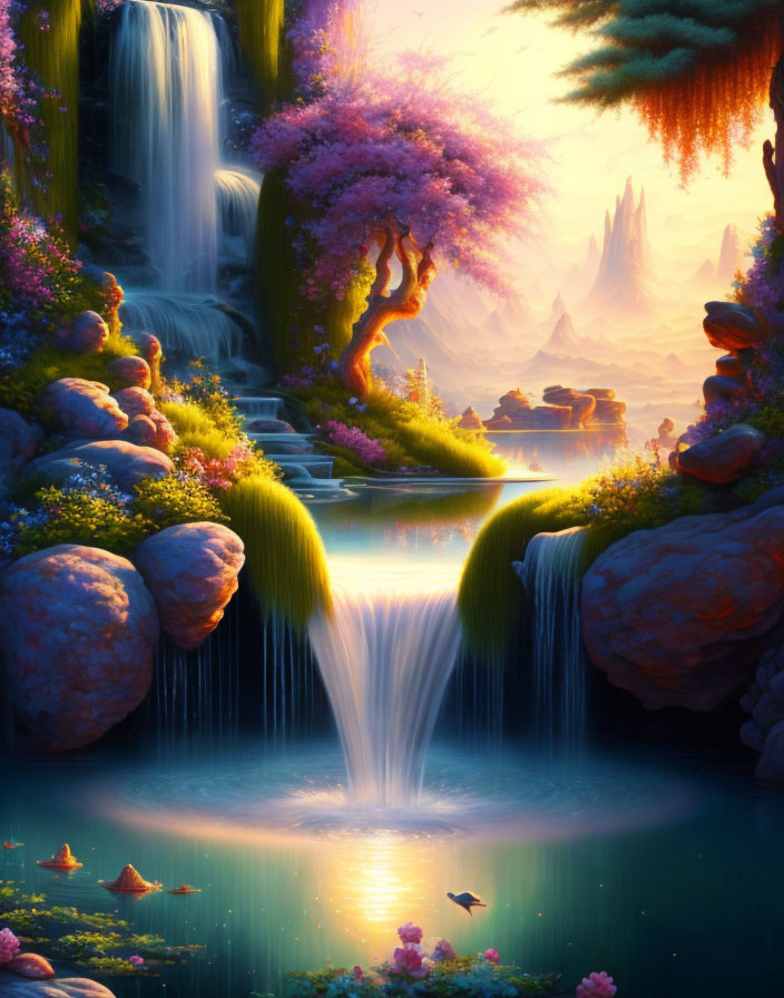 Tranquil fantasy landscape with waterfalls, lake, lush vegetation, and unique rock formations