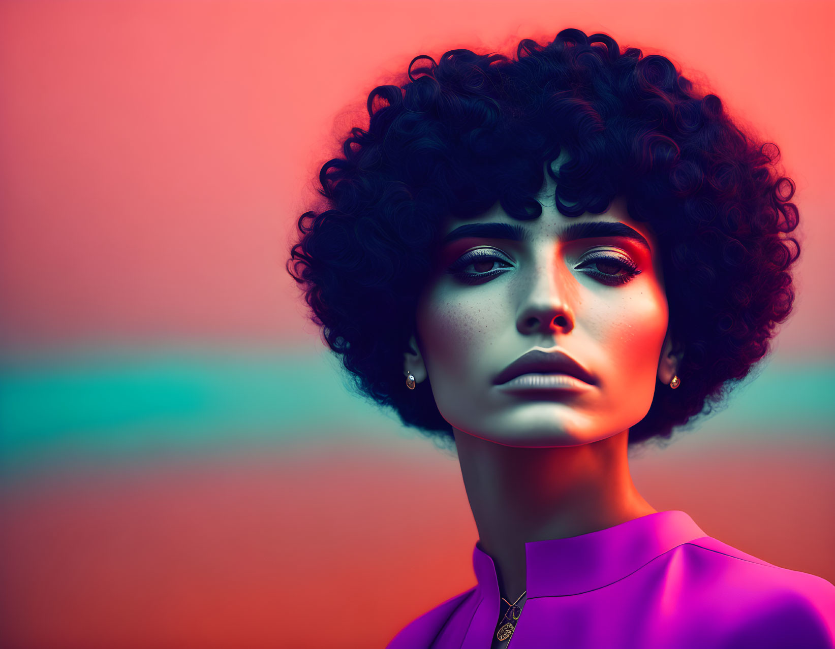 Curly-haired woman portrait on vibrant pink and turquoise background in purple top