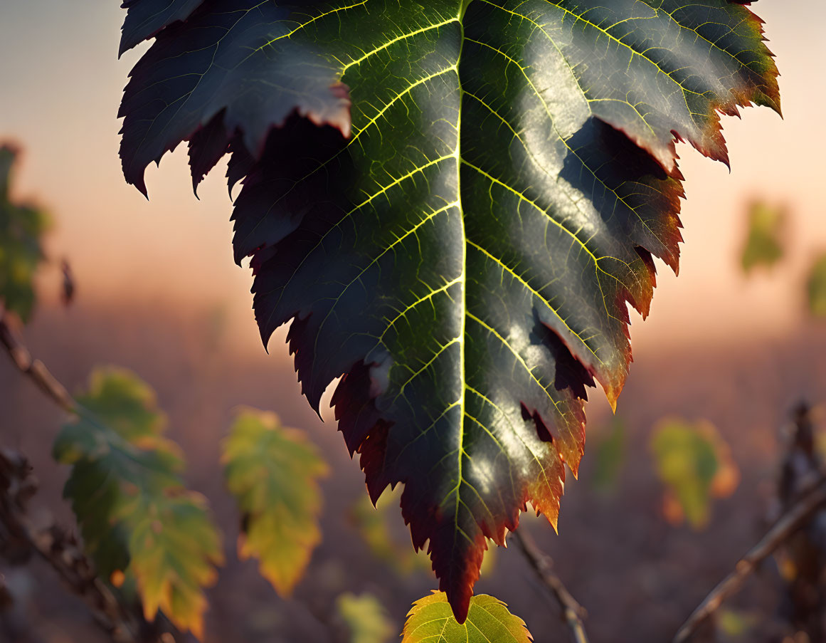 Detailed view of sunlit green leaf with prominent veins on warm-toned foliage.