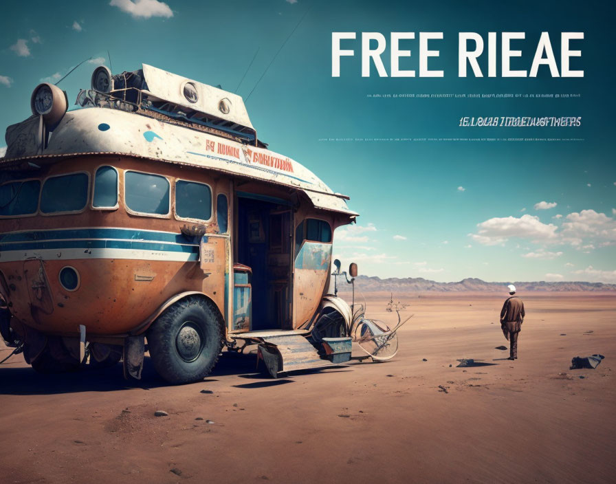 Person walking towards old bus in desert landscape with bike attached.