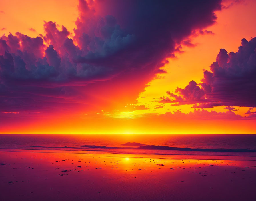 Intense Purple and Orange Beach Sunset with Dramatic Clouds