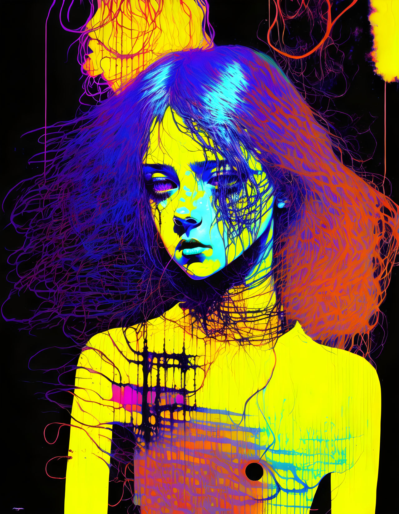 Colorful neon digital artwork of a woman with flowing hair on black background