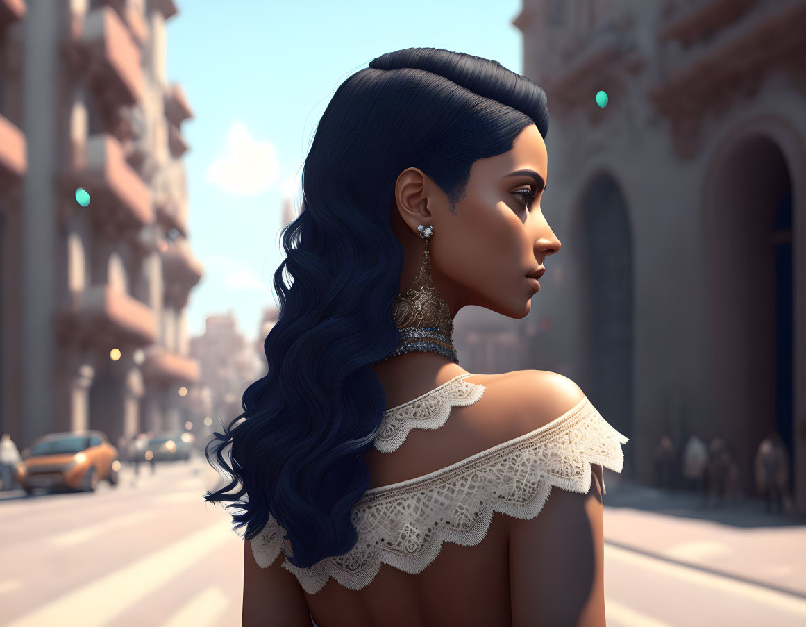 Blue-haired woman with earrings in 3D cityscape.