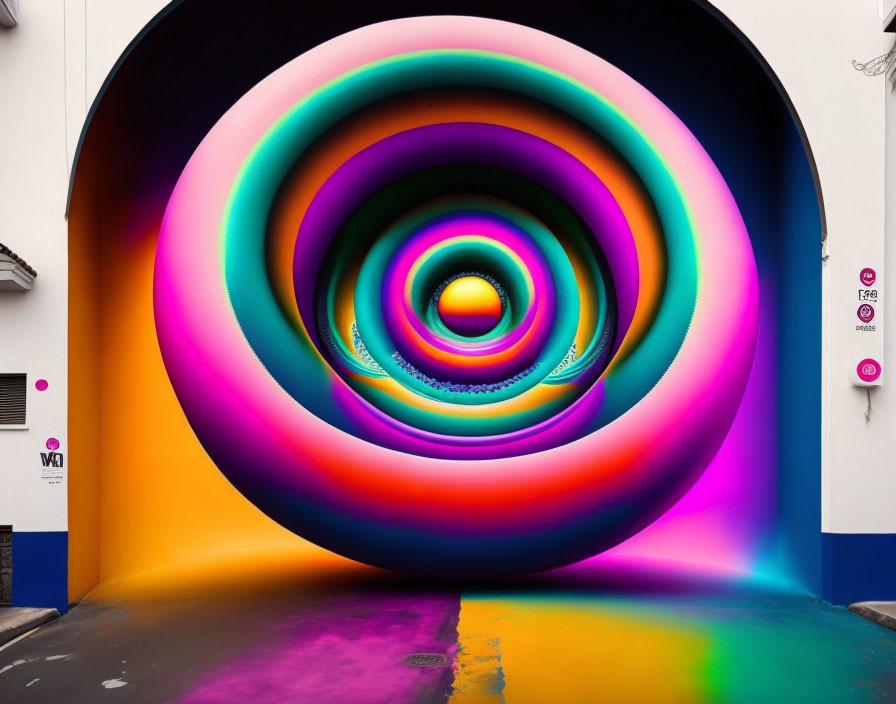 Colorful concentric circles mural on a wall