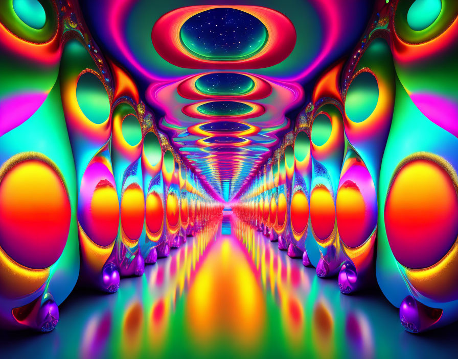 Colorful Psychedelic Digital Hallway with Reflective Floors