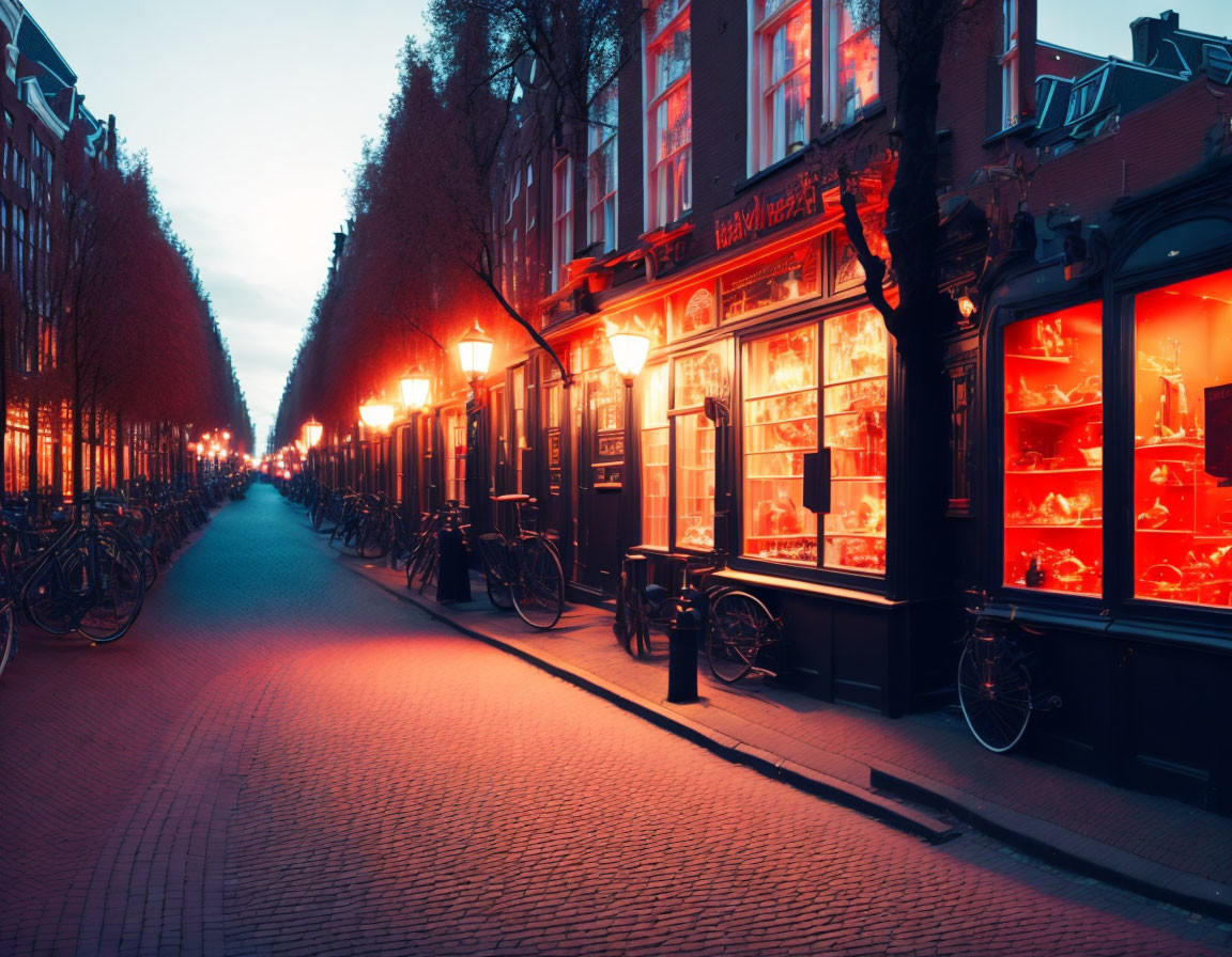 Quiet Street Twilight Scene with Bicycles, Red Windows, and Lanterns