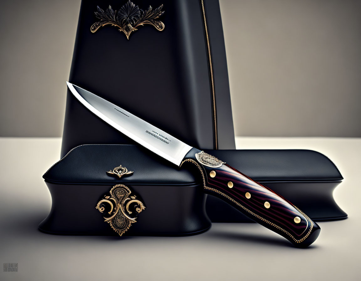 Ornate handle luxury chef's knife on black stand