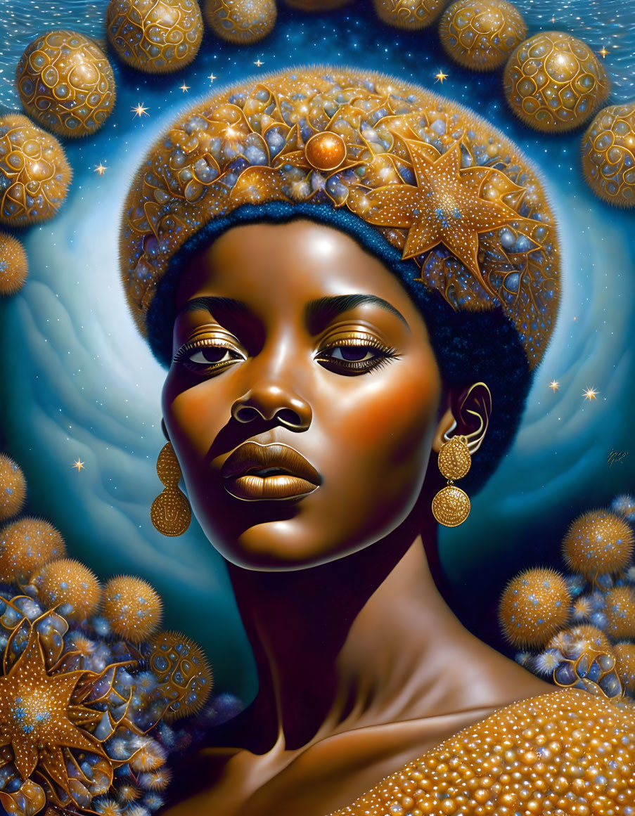 Portrait of Woman with Glowing Skin, Golden Accessories, and Cosmic Crown