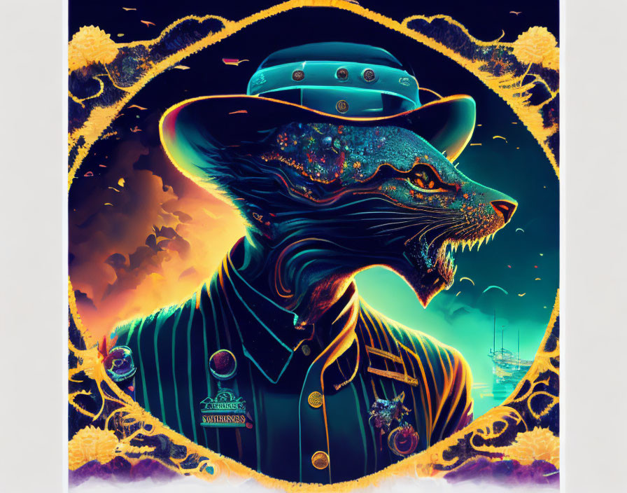 Galaxy-themed cat illustration in pinstripe suit and fedora with ornate fiery border