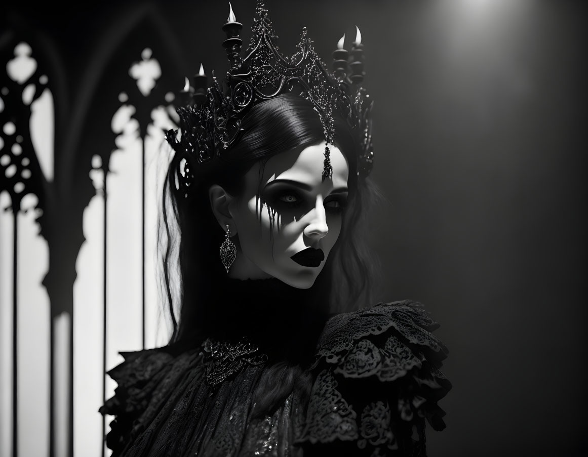 Monochrome portrait of a person with gothic makeup and crown against arched background